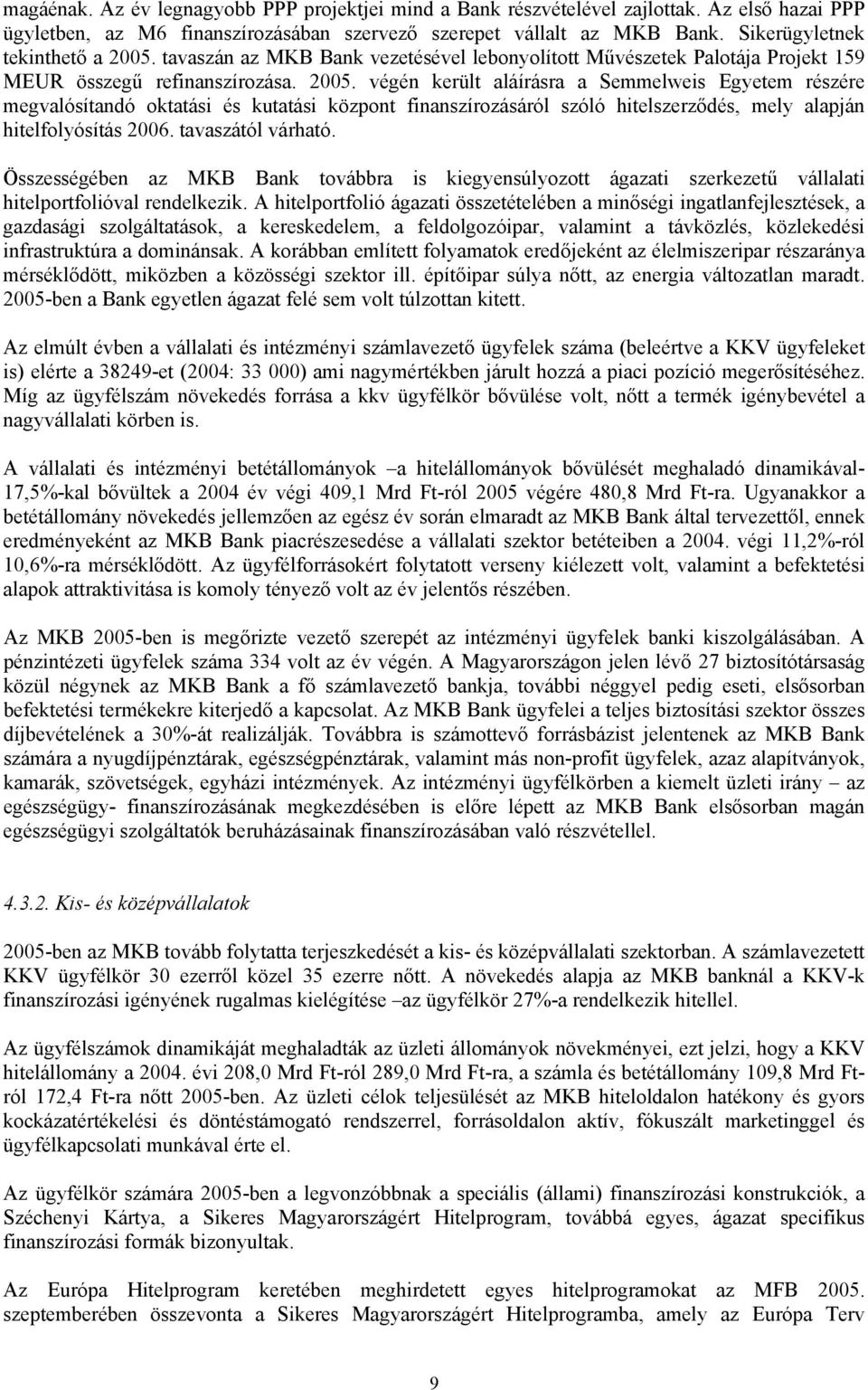 tavaszán az MKB Bank vezetésével lebonyolított Művészetek Palotája Projekt 159 MEUR összegű refinanszírozása. 2005.