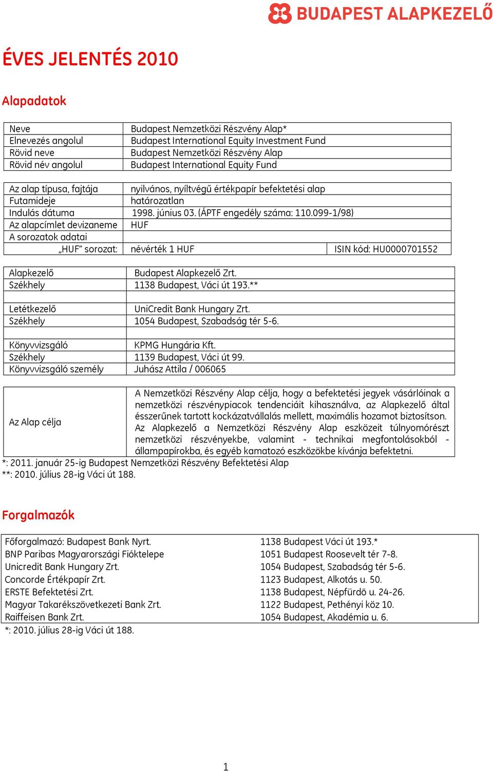 099-1/98) Az alapcímlet devizaneme HUF A sorozatok adatai HUF sorozat: névérték 1 HUF ISIN kód: HU0000701552 Alapkezelő Budapest Alapkezelő Zrt. Székhely 1138 Budapest, Váci út 193.