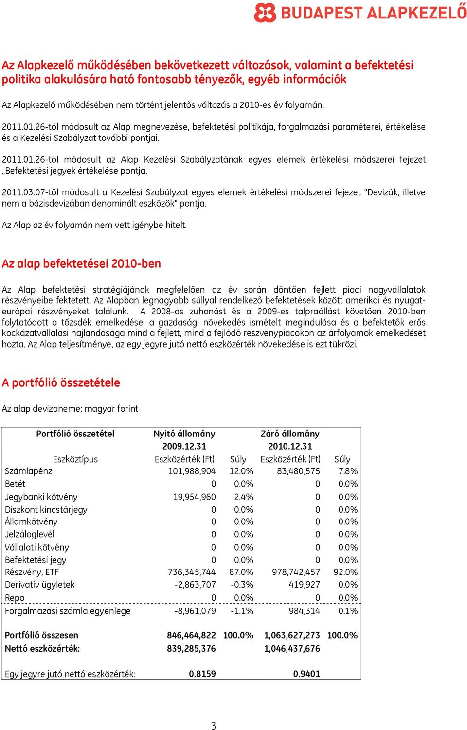 2011.03.07-től módosult a Kezelési Szabályzat egyes elemek értékelési módszerei fejezet "Devizák, illetve nem a bázisdevizában denominált eszközök" pontja.