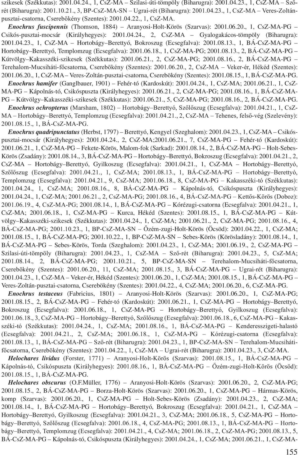 , 2, CsZ-MA Gyalogakácos-tömpöly (Biharugra): 2001.04.23., 1, CsZ-MA Hortobágy Berettyó, Bokroszug (Ecsegfalva): 2001.08.13., 1, BÁ-CsZ-MA-PG Hortobágy Berettyó, Templomzug (Ecsegfalva): 2001.06.18.
