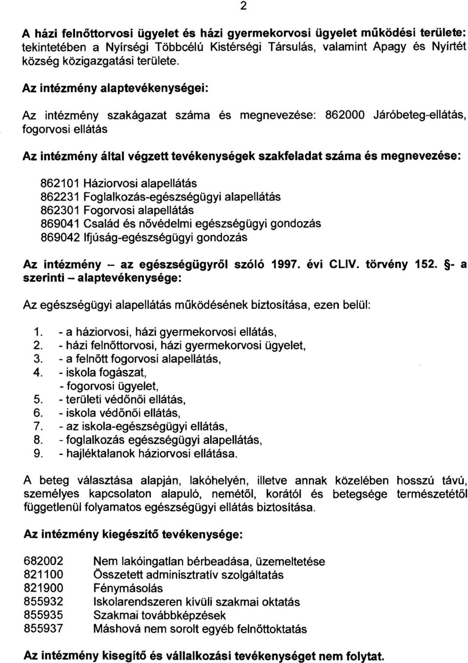 862101 Háziorvosi alapellátás 862231 Foglalkozás-egészségügyi alapellátás 862301 Fogorvosi alapellátás 869041 Család és nővédelmi egészségügyi gondozás 869042 Ifjúság-egészségügyi gondozás Az