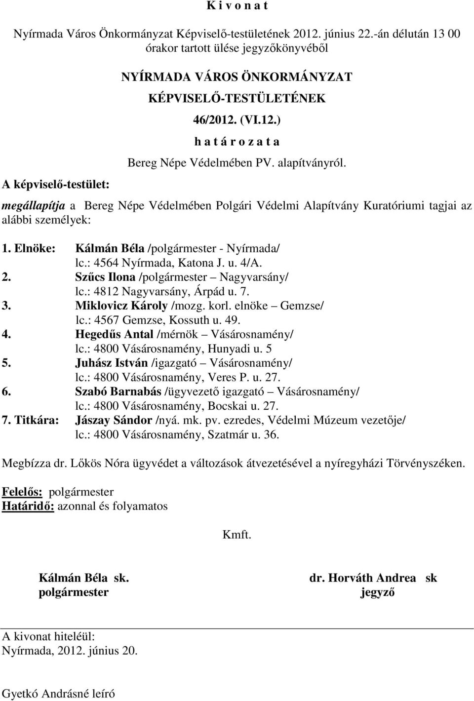 Szűcs Ilona / Nagyvarsány/ lc.: 4812 Nagyvarsány, Árpád u. 7. 3. Miklovicz Károly /mozg. korl. elnöke Gemzse/ lc.: 4567 Gemzse, Kossuth u. 49. 4. Hegedűs Antal /mérnök Vásárosnamény/ lc.