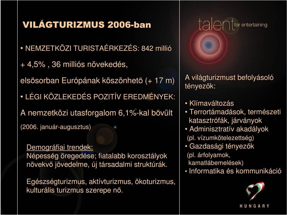 január-augusztus) Demográfiai trendek: Népesség öregedése; fiatalabb korosztályok növekvő jövedelme, új társadalmi struktúrák.