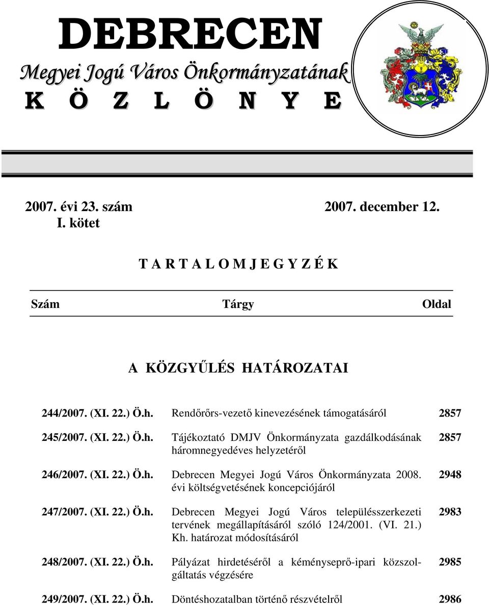 évi költségvetésének koncepciójáról 247/27. (XI. 22.) Ö.h. Debrecen Megyei Jogú Város településszerkezeti tervének megállapításáról szóló 124/21. (VI. 21.) Kh. határozat módosításáról 248/27.