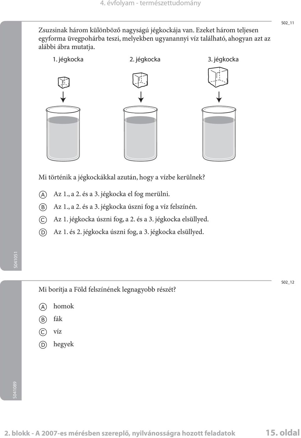 jégkok S02_11 Mi történik jégkokákkl zután, hogy víze kerülnek? Az 1., 2. és 3. jégkok el fog merülni. Az 1., 2. és 3. jégkok úszni fog víz felszínén.