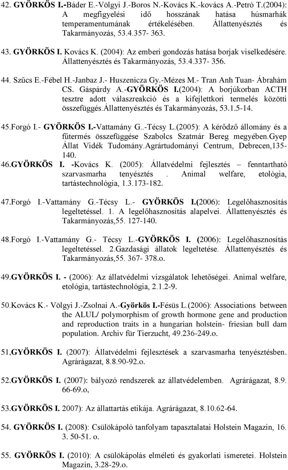 - Tran Anh Tuan- Ábrahám CS. Gáspárdy A.-GYÖRKÖS I.(2004): A borjúkorban ACTH tesztre adott válaszreakció és a kifejlettkori termelés közötti összefüggés.állattenyésztés és Takarmányozás, 53.1.5-14.