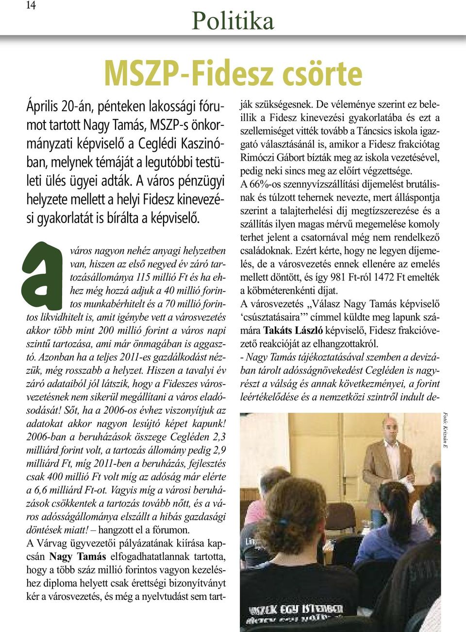 Politika aváros nagyon nehéz anyagi helyzetben van, hiszen az első negyed év záró tartozásállománya 115 millió Ft és ha ehhez még hozzá adjuk a 40 millió forintos munkabérhitelt és a 70 millió