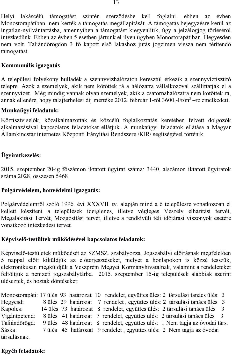 Ebben az évben 5 esetben jártunk el ilyen ügyben Monostorapátiban. Hegyesden nem volt. Taliándörögdön 3 fő kapott első lakáshoz jutás jogcímen vissza nem térítendő támogatást.