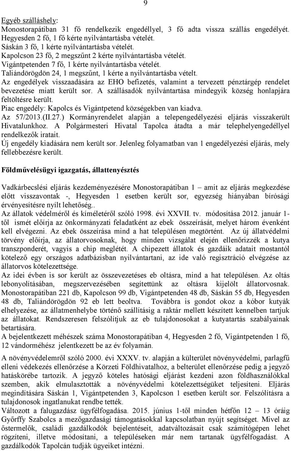 Taliándörögdön 24, 1 megszűnt, 1 kérte a nyilvántartásba vételt. Az engedélyek visszaadására az EHO befizetés, valamint a tervezett pénztárgép rendelet bevezetése miatt került sor.