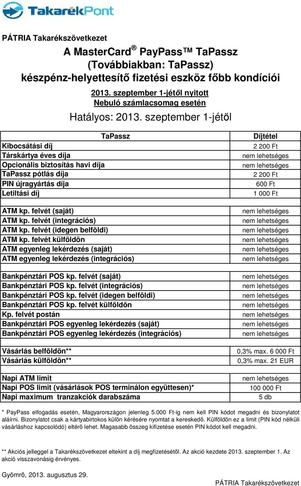 felvét (saját) ATM kp. felvét (integrációs) ATM kp. felvét (idegen belföldi) ATM kp. felvét külföldön ATM egyenleg lekérdezés (saját) ATM egyenleg lekérdezés (integrációs) Bankpénztári POS kp.