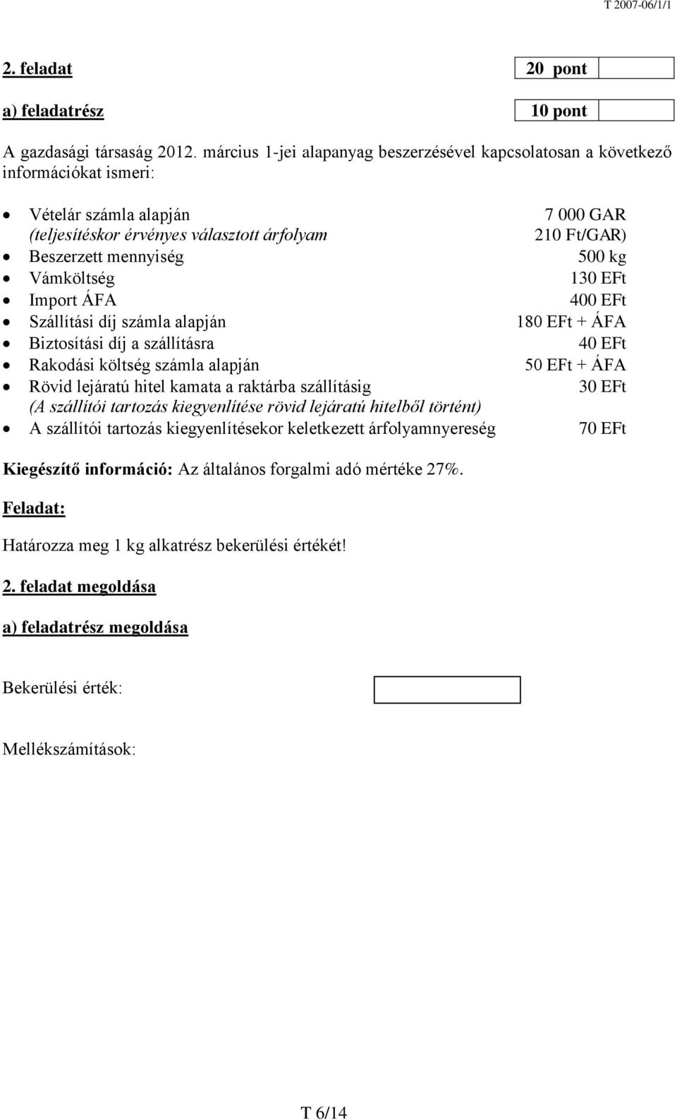 kg Vámköltség 130 EFt Import ÁFA 400 EFt Szállítási díj számla alapján 180 EFt + ÁFA Biztosítási díj a szállításra 40 EFt Rakodási költség számla alapján 50 EFt + ÁFA Rövid lejáratú hitel kamata a