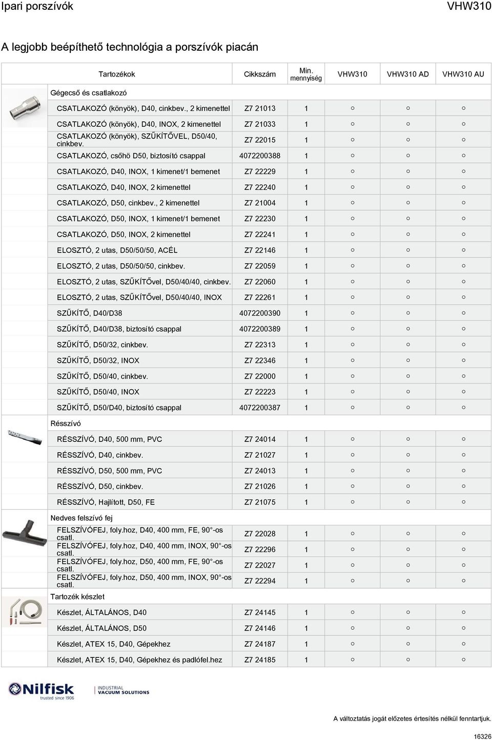 , 2 kimenettel Z7 21004 1 CSATLAKOZÓ, D50, INOX, 1 kimenet/1 bemenet Z7 22230 1 CSATLAKOZÓ, D50, INOX, 2 kimenettel Z7 22241 1 ELOSZTÓ, 2 utas, D50/50/50, ACÉL Z7 22146 1 ELOSZTÓ, 2 utas, D50/50/50,