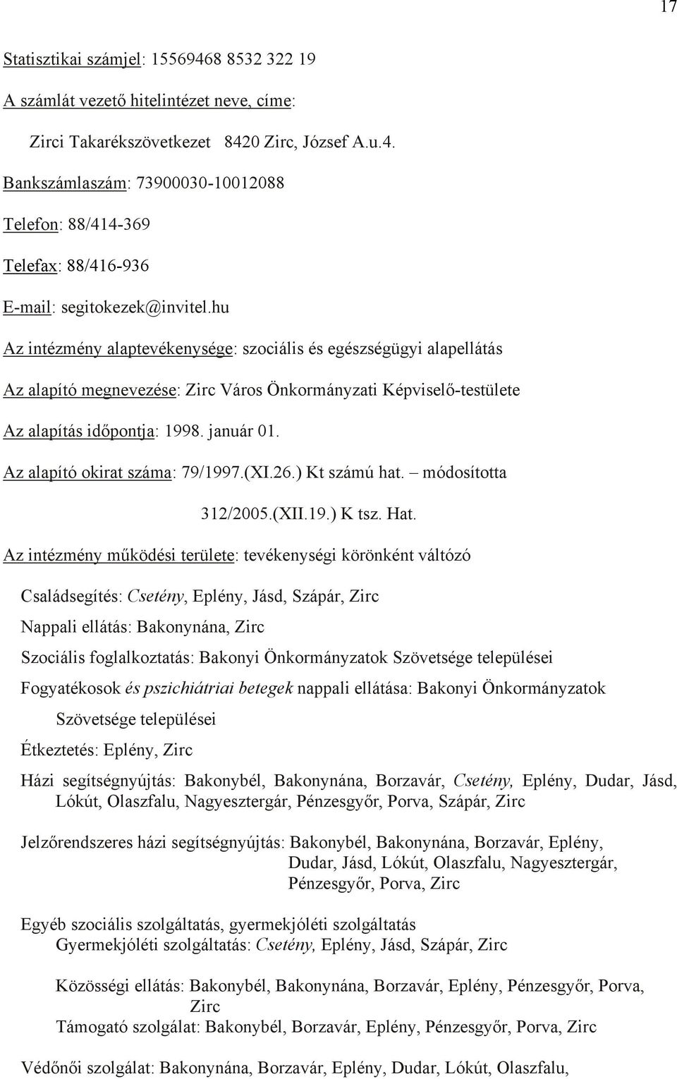 Az alapító okirat száma: 79/1997.(XI.26.) Kt számú hat. módosította 312/2005.(XII.19.) K tsz. Hat.