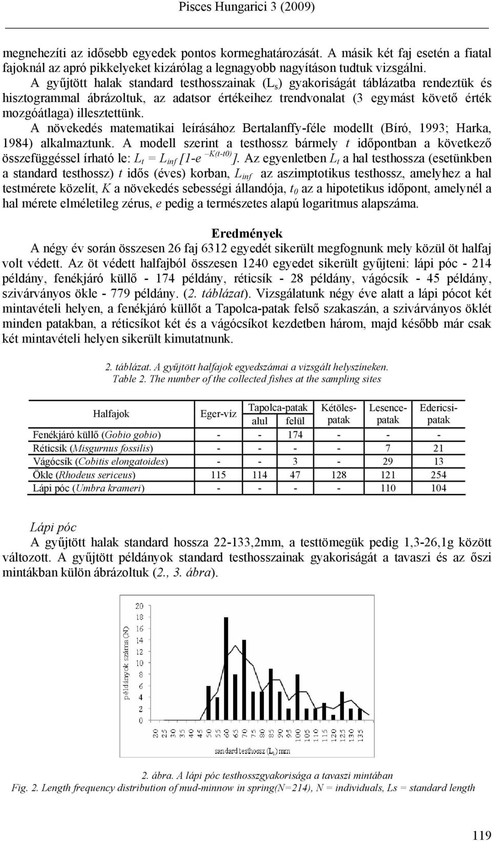 A növekedés matematikai leírásához Bertalanffy-féle modellt (Bíró, 1993; Harka, 1984) alkalmaztunk.