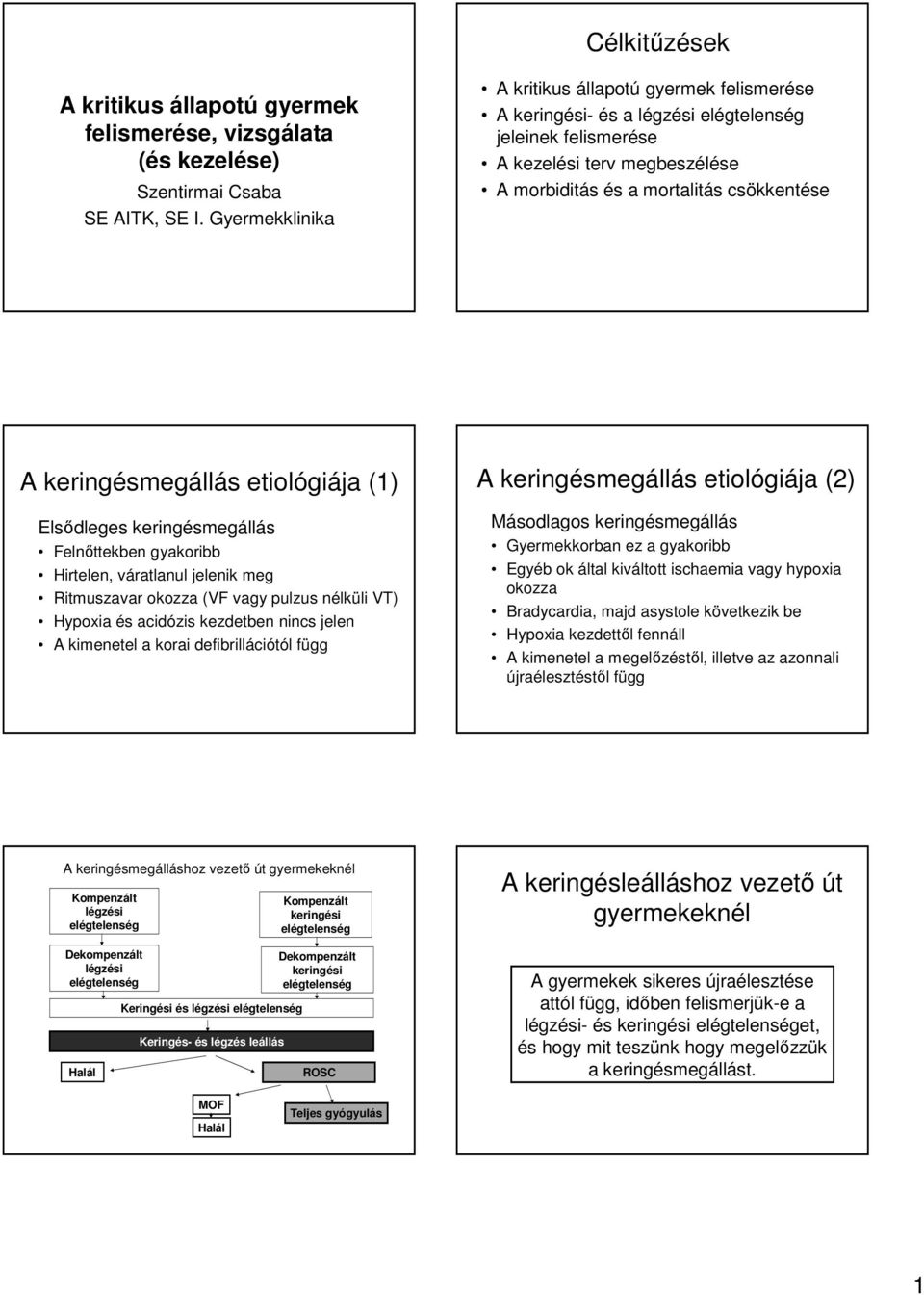 etiológiája (1) Elsıdleges keringésmegállás Felnıttekben gyakoribb Hirtelen, váratlanul jelenik meg Ritmuszavar okozza (VF vagy pulzus nélküli VT) Hypoxia és acidózis kezdetben nincs jelen A