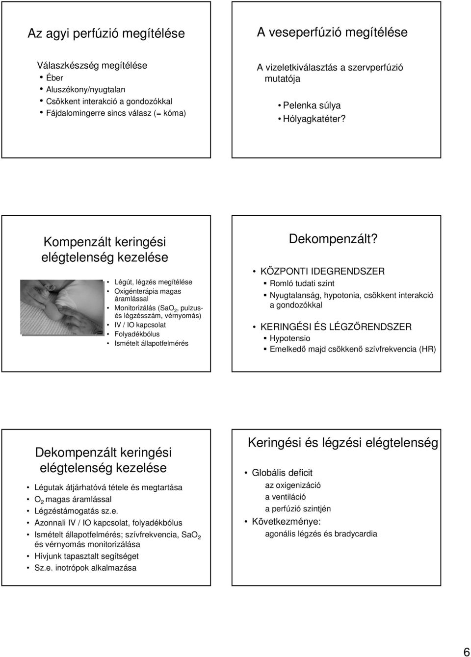 Kompenzált keringési kezelése Légút, légzés megítélése Oxigénterápia magas áramlással Monitorizálás (SaO 2, pulzusés légzésszám, vérnyomás) IV / IO kapcsolat Folyadékbólus Ismételt állapotfelmérés