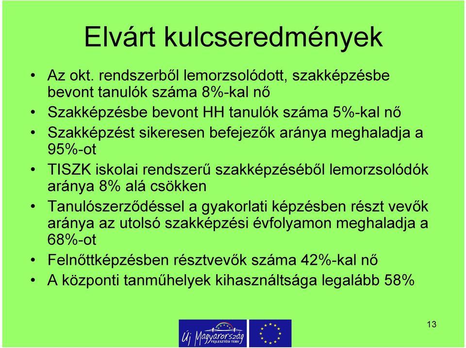 Szakképzést sikeresen befejezők aránya meghaladja a 95%-ot TISZK iskolai rendszerű szakképzéséből lemorzsolódók aránya 8%