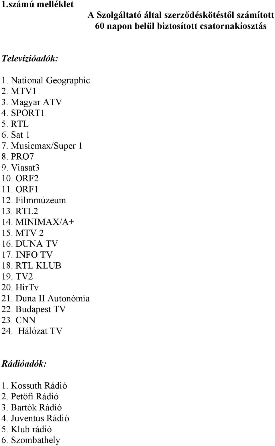 Filmmúzeum 13. RTL2 14. MINIMAX/A+ 15. MTV 2 16. DUNA TV 17. INFO TV 18. RTL KLUB 19. TV2 20. HirTv 21. Duna II Autonómia 22.