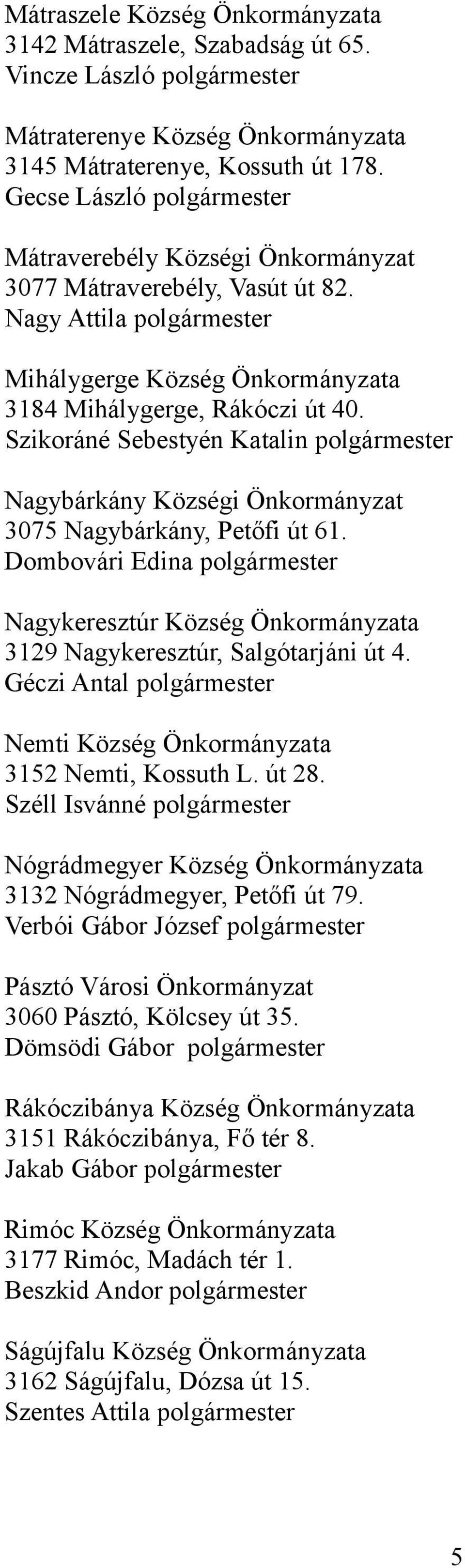 Szikoráné Sebestyén Katalin polgármester Nagybárkány Községi Önkormányzat 3075 Nagybárkány, Petőfi út 61.
