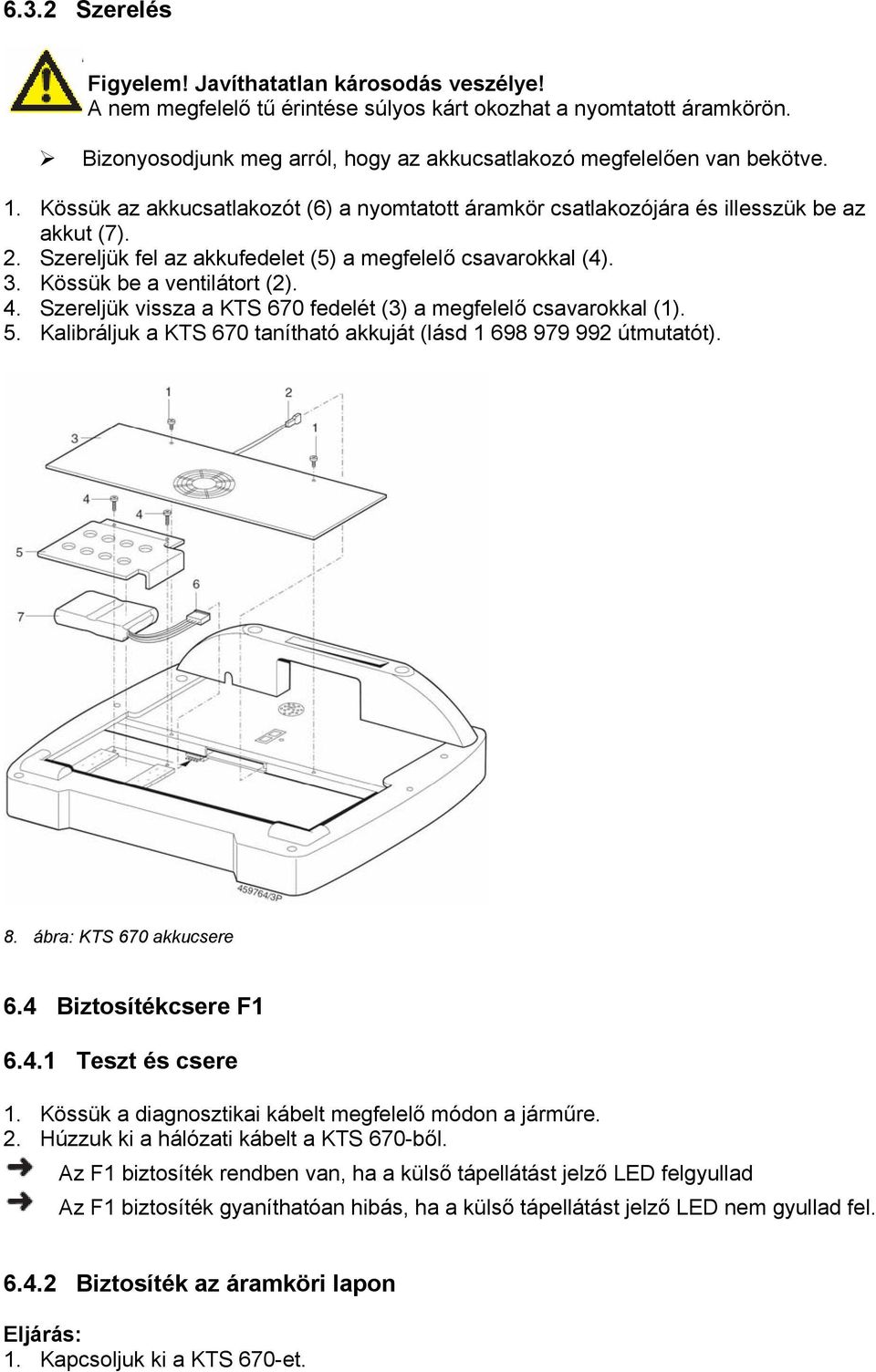 Szereljük fel az akkufedelet (5) a megfelelő csavarokkal (4). 3. Kössük be a ventilátort (2). 4. Szereljük vissza a KTS 670 fedelét (3) a megfelelő csavarokkal (1). 5.