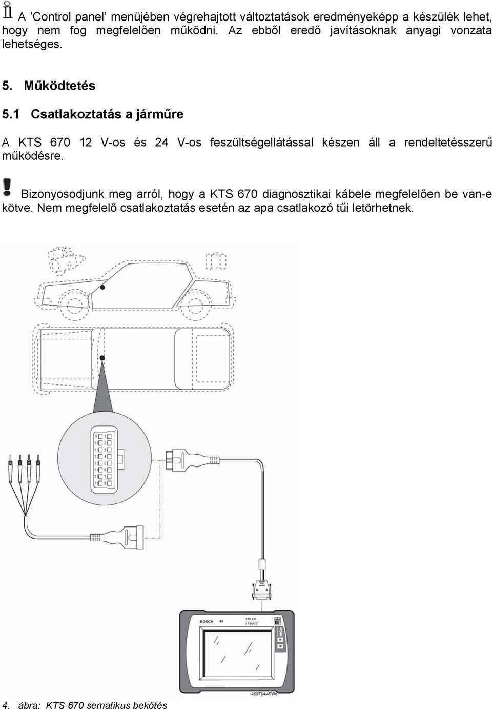 1 Csatlakoztatás a járműre A KTS 670 12 V-os és 24 V-os feszültségellátással készen áll a rendeltetésszerű működésre.