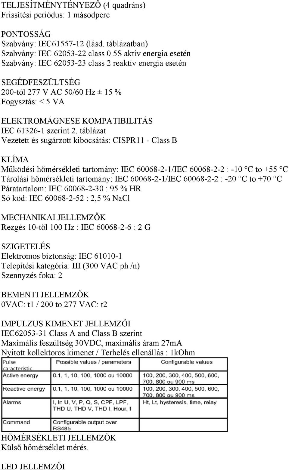 táblázat Vezetett és sugárzott kibocsátás: CISPR11 - Class B KLÍMA Működési hőmérsékleti tartomány: IEC 60068-2-1/IEC 60068-2-2 : -10 C to +55 C Tárolási hőmérsékleti tartomány: IEC 60068-2-1/IEC