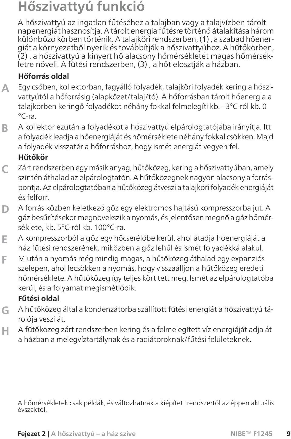 A hűtőkörben, (2), a hőszivattyú a kinyert hő alacsony hőmérsékletét magas hőmérsékletre növeli. A fűtési rendszerben, (3), a hőt elosztják a házban.
