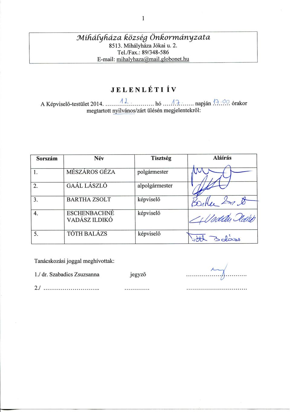 stulet2014......:... ho... ].?t..... napjan megtartott nyilvanos/zart ulesen megjelentekrol: orakor Sorszam Nev Tisztseg Alairas 1.