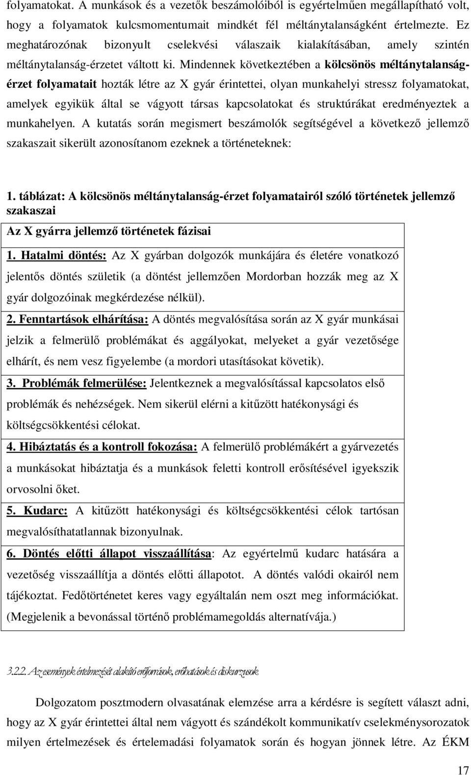 Mindennek következtében a kölcsönös méltánytalanságérzet folyamatait hozták létre az X gyár érintettei, olyan munkahelyi stressz folyamatokat, amelyek egyikük által se vágyott társas kapcsolatokat és