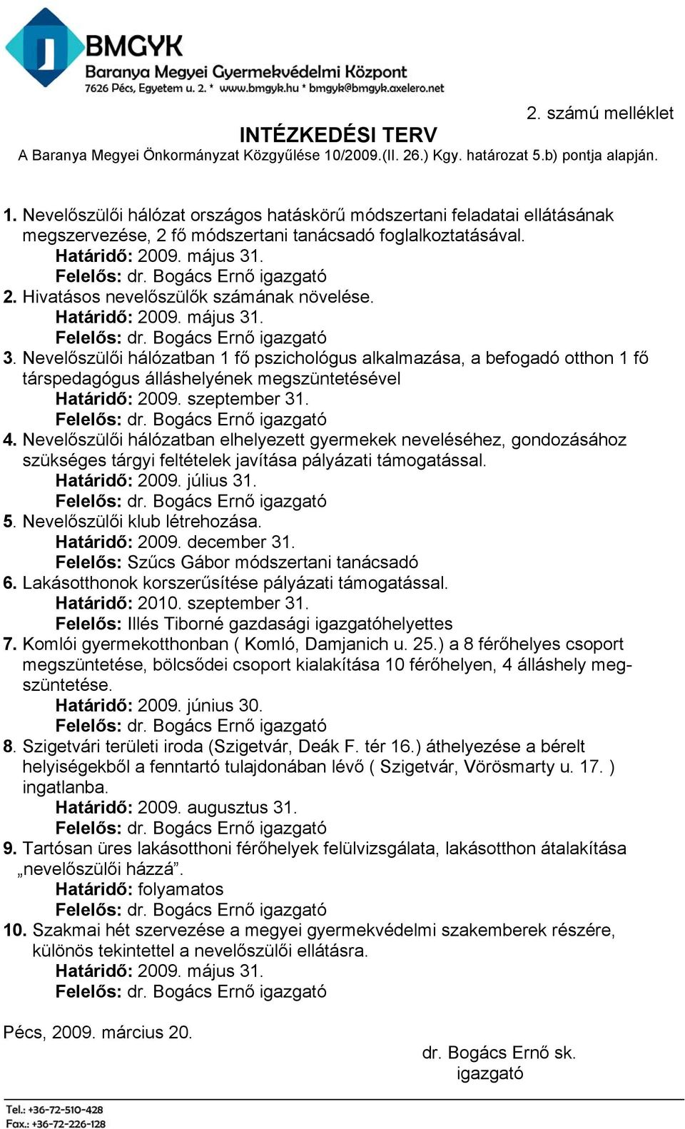 Határidő: 2009. május 31. 2. Hivatásos nevelőszülők számának növelése. Határidő: 2009. május 31. 3. Nevelőszülői hálózatban 1 fő pszichológus alkalmazása, a befogadó otthon 1 fő társpedagógus álláshelyének megszüntetésével Határidő: 2009.