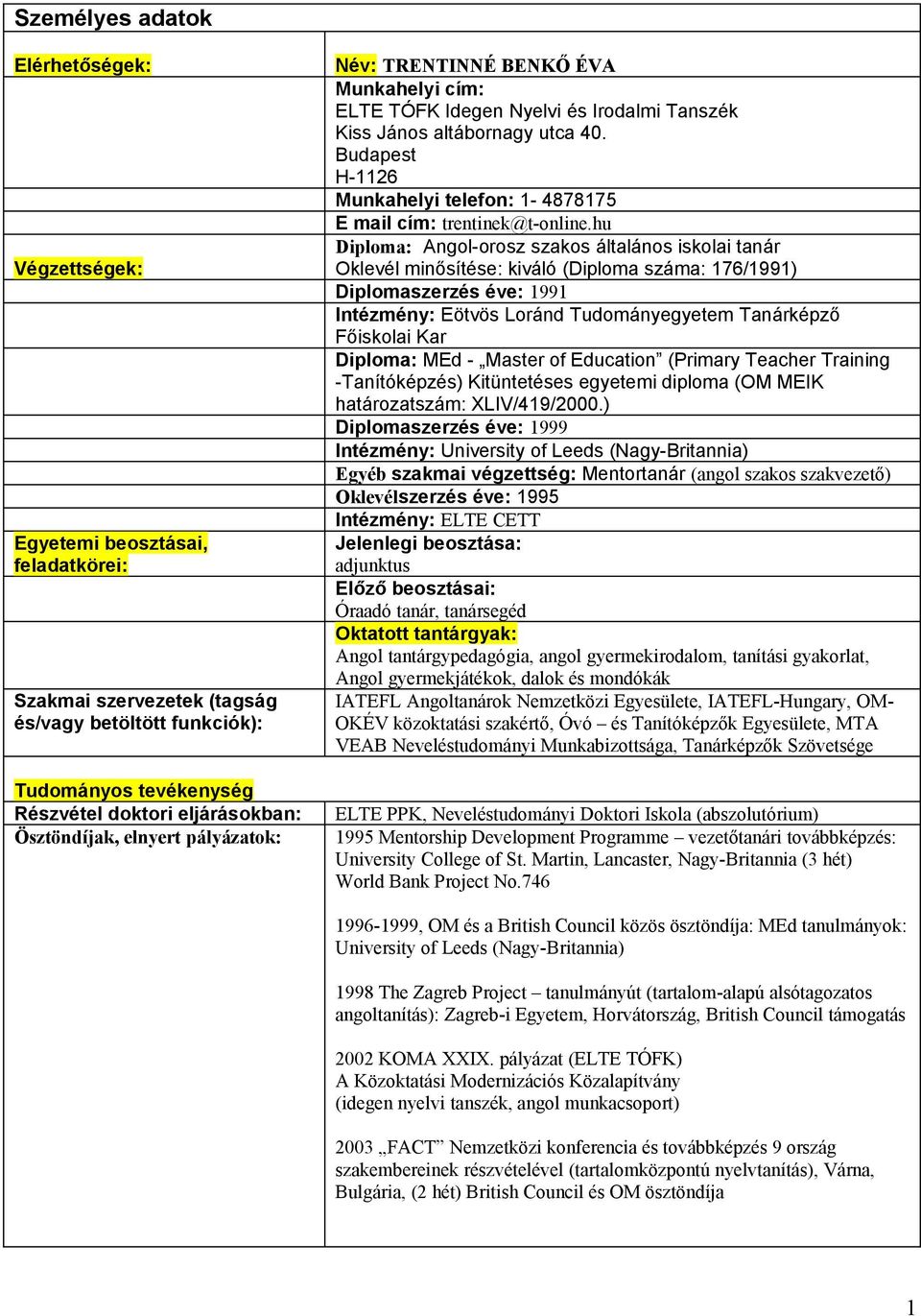 H-1126 Munkahelyi telefon: 1-4878175 E mail cím: trentinek@t-online.