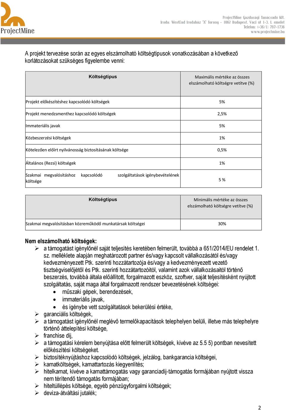 biztosításának költsége 0,5% Általános (Rezsi) költségek 1% Szakmai megvalósításhoz kapcsolódó szolgáltatások igénybevételének költsége 5 % Költségtípus Minimális mértéke az összes elszámolható