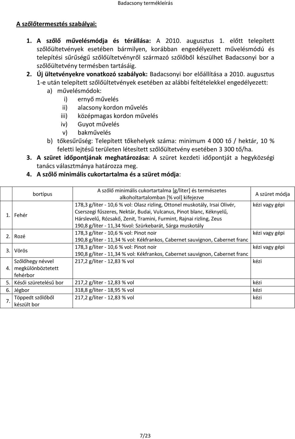 tartásáig. 2. Új ültetvényekre vonatkozó szabályok: Badacsonyi bor előállítása a 2010.