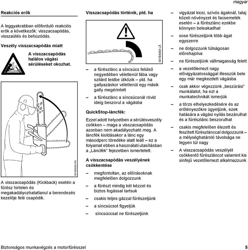 ha a fűrészlánc a síncsúcs felülső negyedében véletlenül fába vagy szilárd testbe ütközik pld.