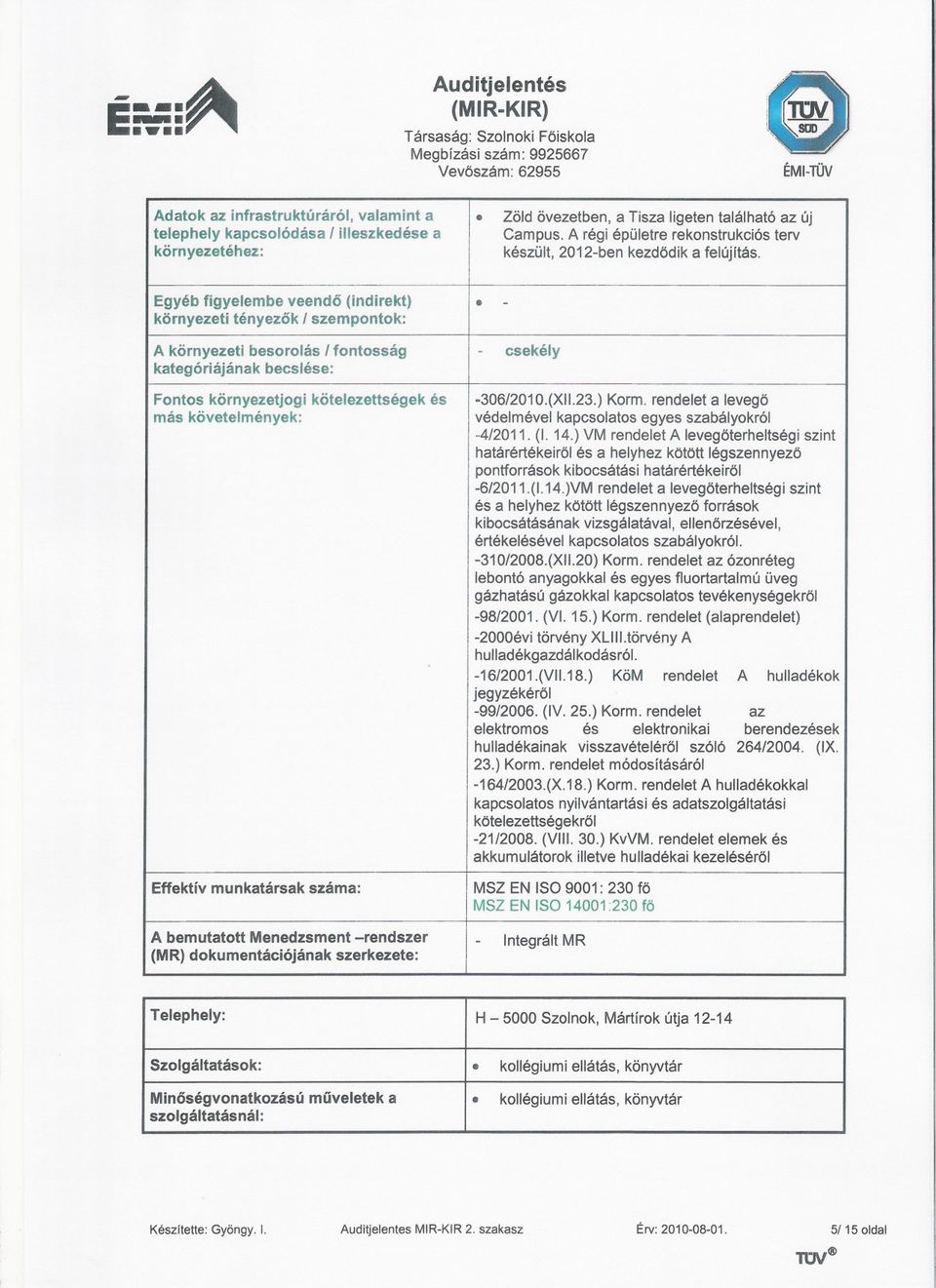 készült, 2012-ben kezdödik a felújítás - - csekély Fontos környezet jogi kötelezettségek más követelmények: Effektív munkatársak száma: A bemutatott Menedzsment -rendszer (MR) dokumentációjának