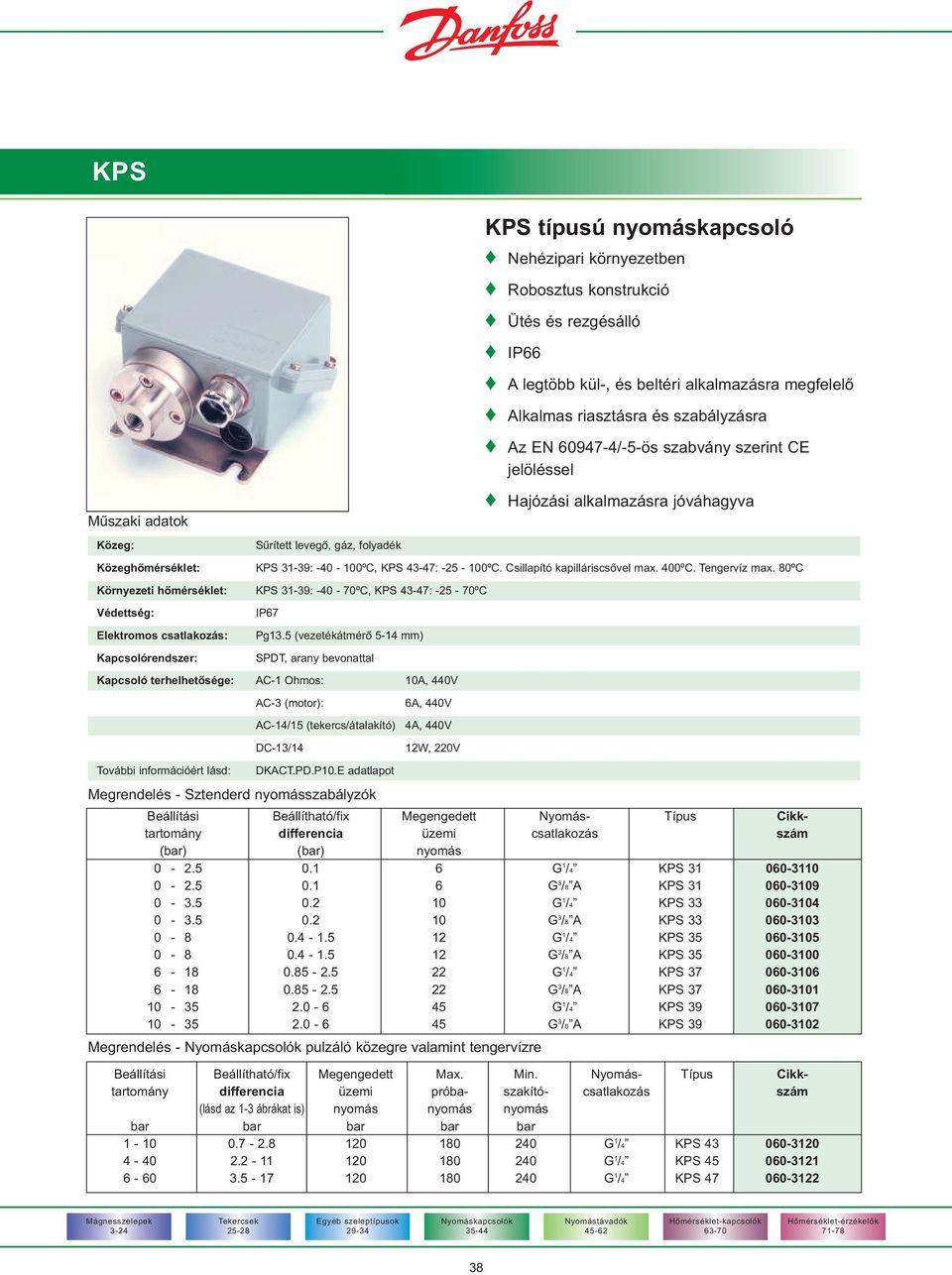 Csillapító vel max. 400ºC. Tengervíz max. 80ºC Környezeti hõmérséklet: KPS 31-39: -40-70ºC, KPS 43-47: -25-70ºC Védettség: Elektromos csatlakozás: Kapcsolórendszer: IP67 Pg13.