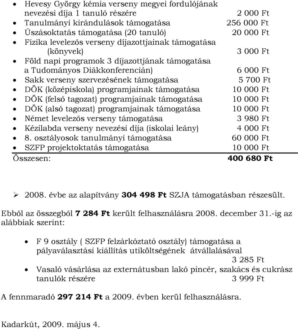 (középiskola) programjainak támogatása 10 000 Ft DÖK (felső tagozat) programjainak támogatása 10 000 Ft DÖK (alsó tagozat) programjainak támogatása 10 000 Ft Német levelezős verseny támogatása 3 980
