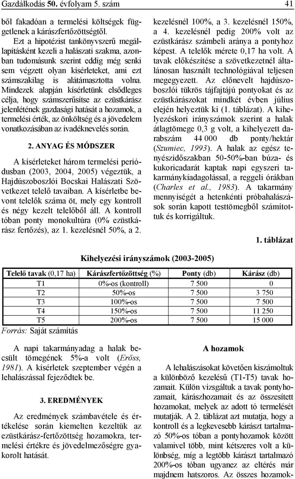 Mindezek alapján kísérletünk elsıdleges célja, hogy számszerősítse az ezüstkárász jelenlétének gazdasági hatását a hozamok, a termelési érték, az önköltség és a jövedelem vonatkozásában az