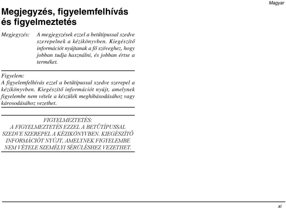 Magyar Figyelem: A figyelemfelhívás ezzel a betűtípussal szedve szerepel a kézikönyvben.