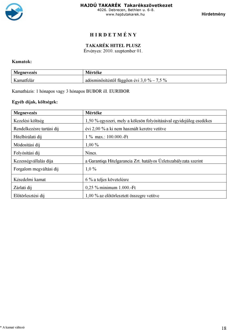 EURIBOR Egyéb díjak, költségek: Megnevezés Mértéke Kezelési költség 1,50 % egyszeri, mely a kölcsön folyósításával egyidejűleg esedékes Rendelkezésre tartási díj évi 2,00 % a ki nem