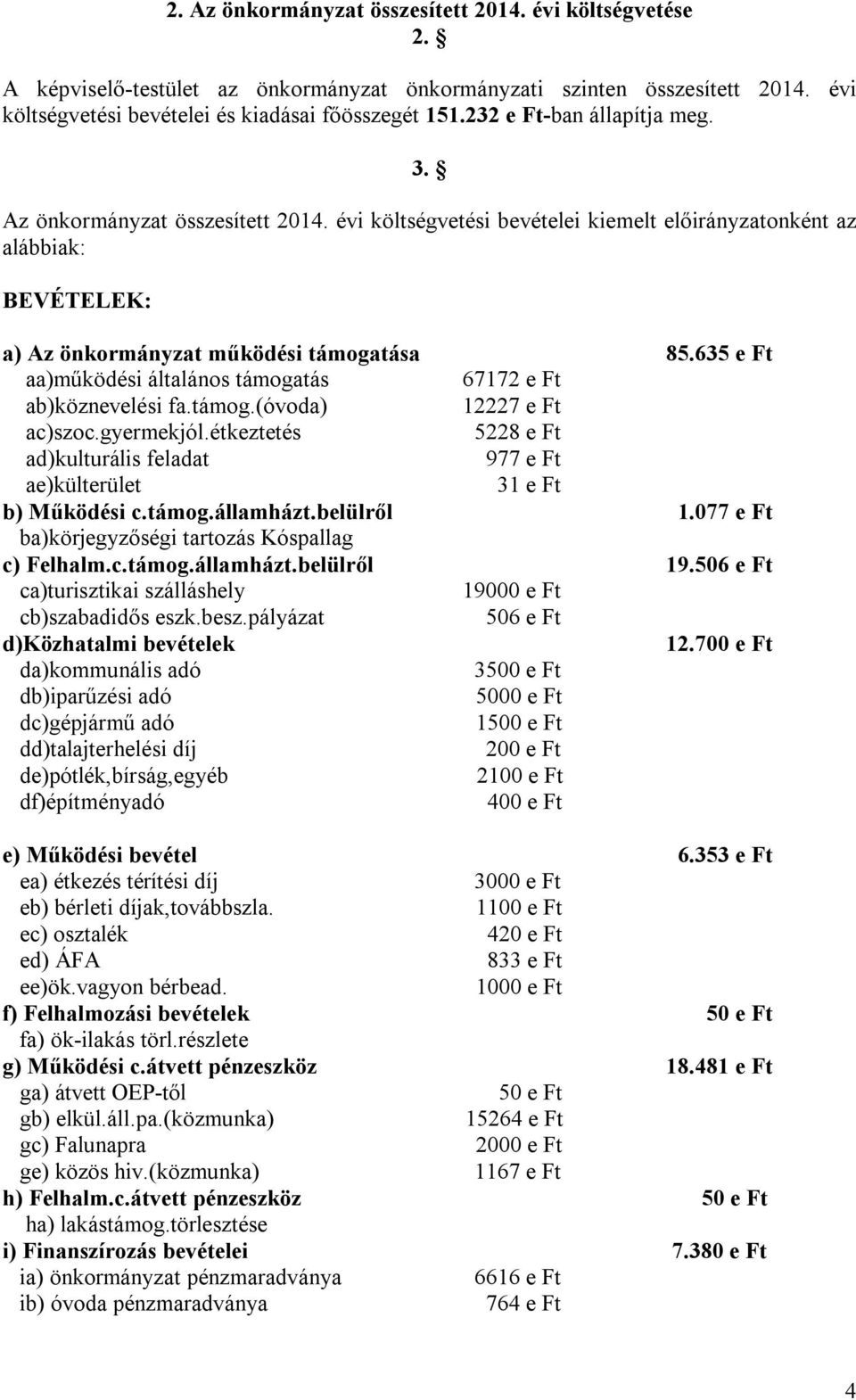 635 e Ft aa)működési általános támogatás 67172 e Ft ab)köznevelési fa.támog.(óvoda) 12227 e Ft ac)szoc.gyermekjól.