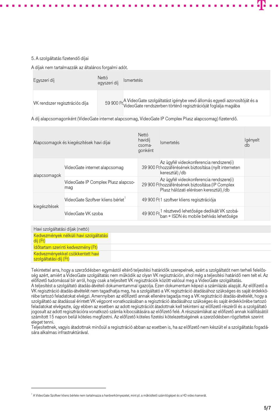 regisztrációját foglalja magába A díj alapcsomagonként (VideoGate internet alapcsomag, VideoGate IP Complex Plusz alapcsomag) fizetendő.