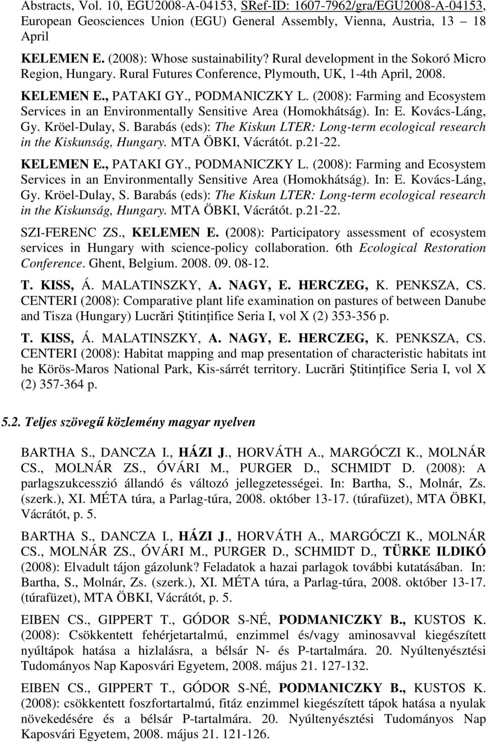 (2008): Farming and Ecosystem Services in an Environmentally Sensitive Area (Homokhátság). In: E. Kovács-Láng, Gy. Kröel-Dulay, S.