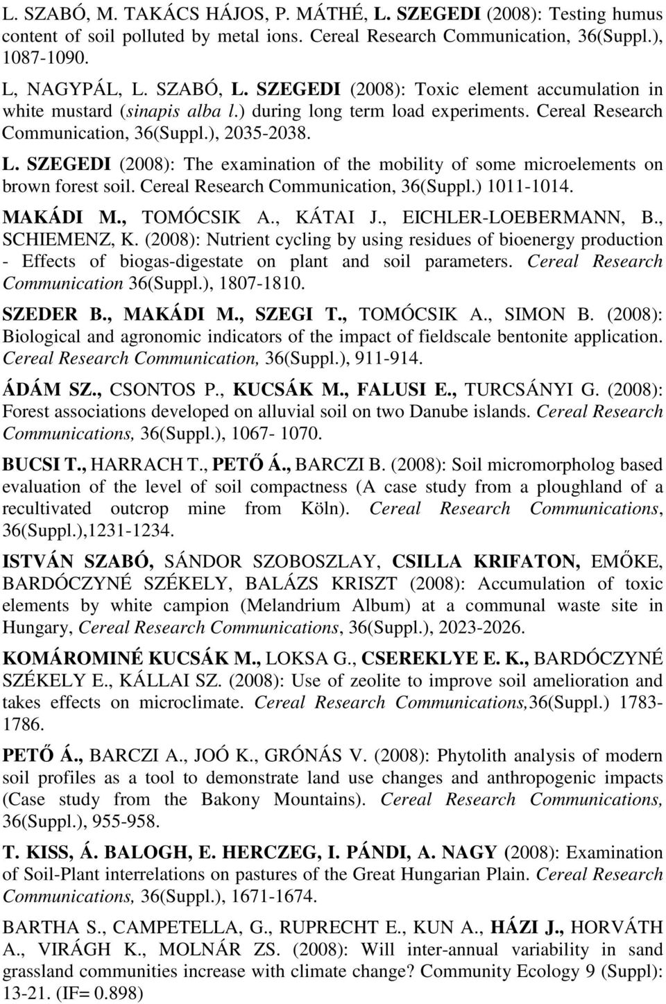 SZEGEDI (2008): The examination of the mobility of some microelements on brown forest soil. Cereal Research Communication, 36(Suppl.) 1011-1014. MAKÁDI M., TOMÓCSIK A., KÁTAI J.
