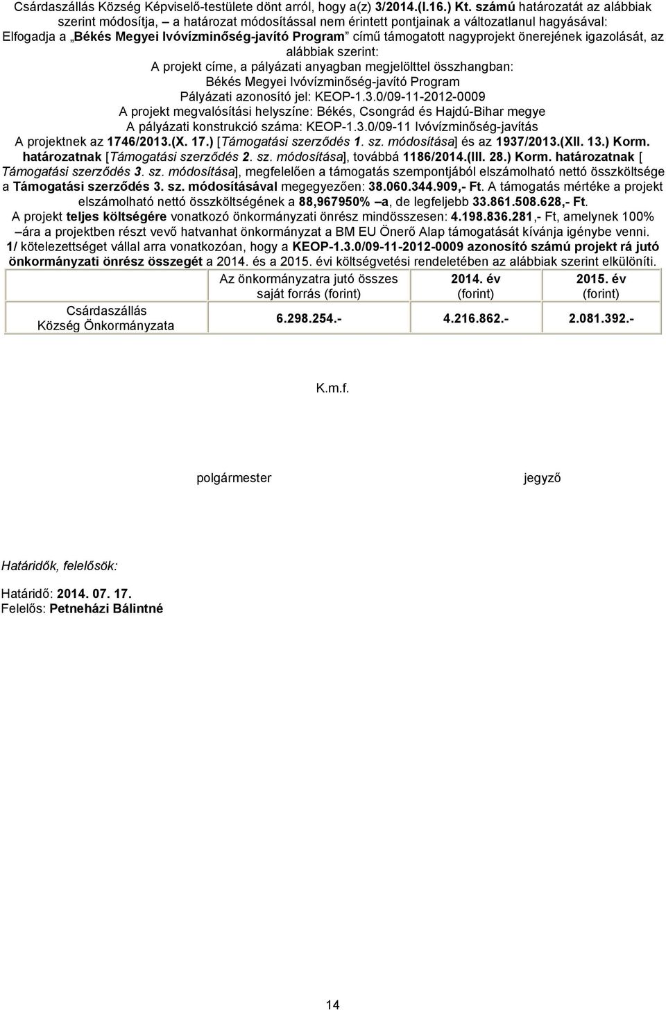 nagyprojekt önerejének igazolását, az alábbiak szerint: A projekt címe, a pályázati anyagban megjelölttel összhangban: Békés Megyei Ivóvízminőség-javító Program Pályázati azonosító jel: KEOP-1.3.