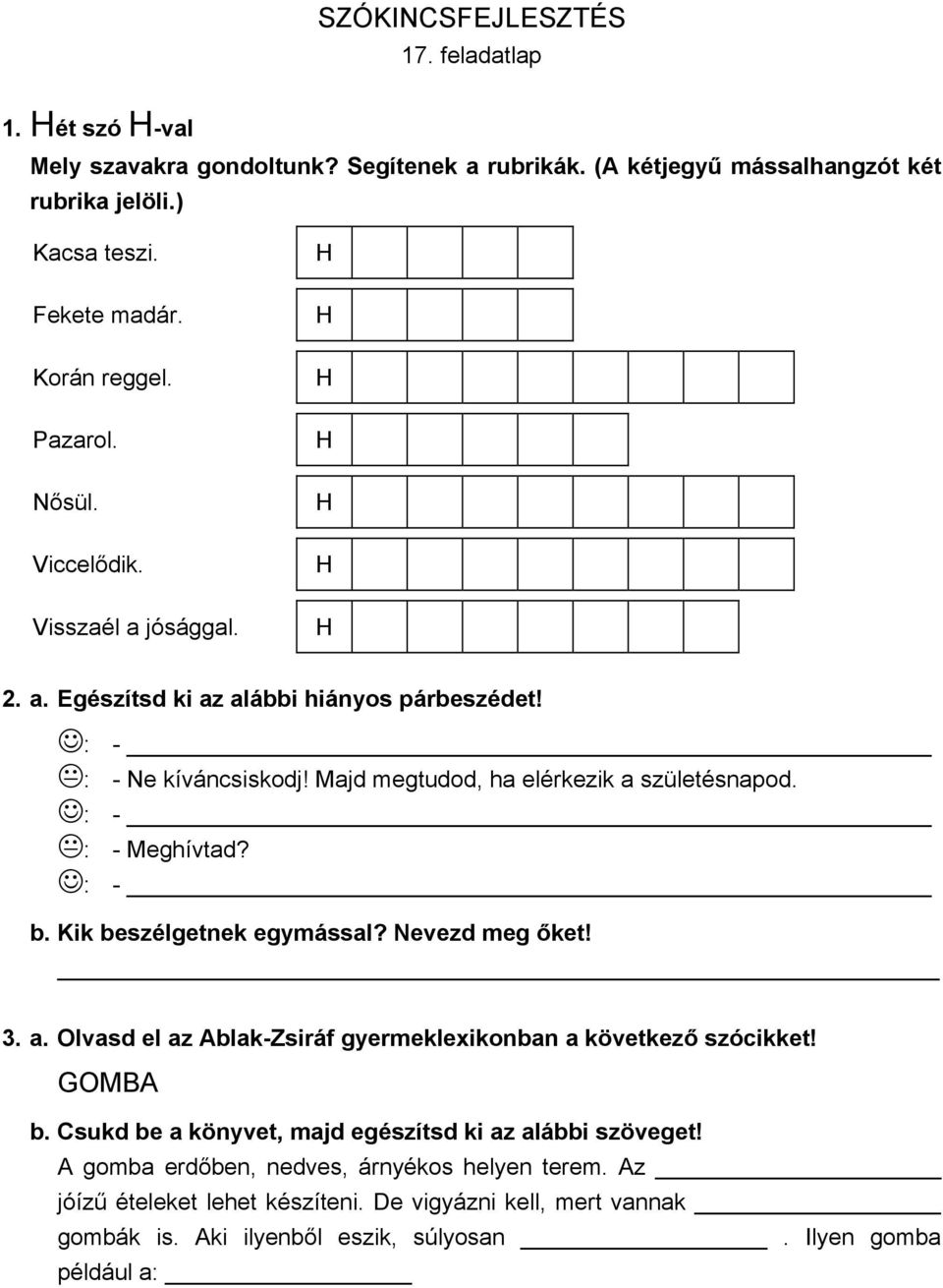 SZÓKINCSFEJLESZTÉS 1. feladatlap - PDF Ingyenes letöltés