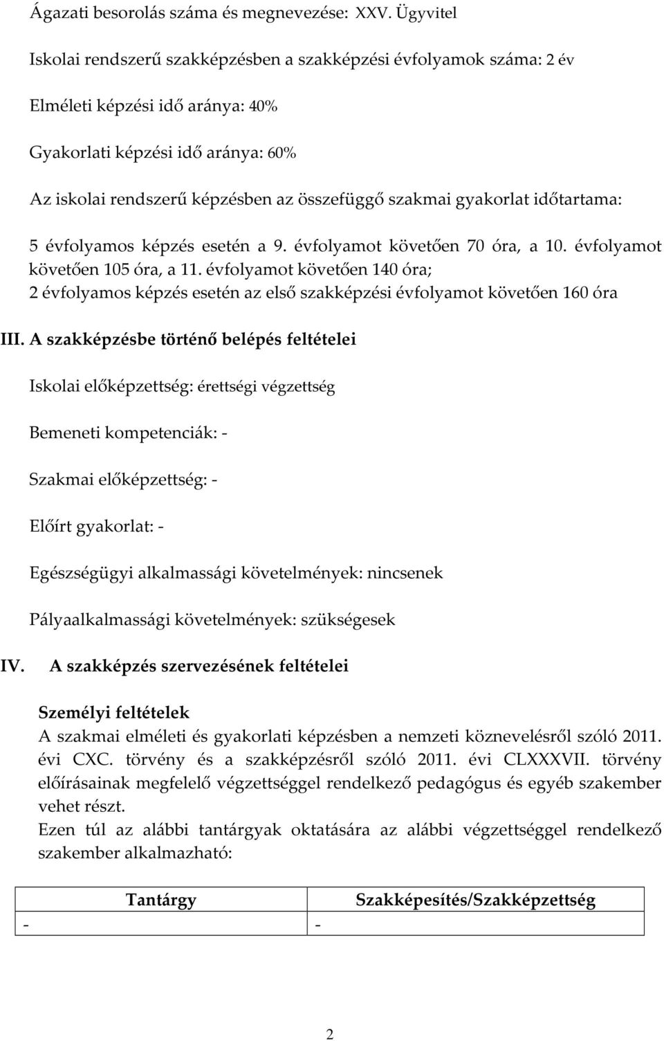 gyakorlat időtartama: 5 évfolyamos képzés esetén a 9. évfolyamot követően 70 óra, a 10. évfolyamot követően 105 óra, a 11.