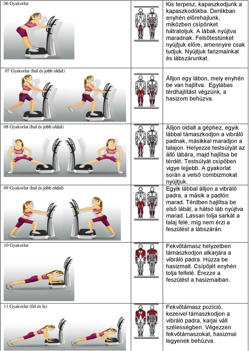 08 Gyakorlat (bal és jobb oldal) Álljon oldalt a géphez, egyik lábbal támaszkodjon a vibráló padnak, másikkal maradjon a talajon. Helyezze testsúlyát az álló lábára, majd hajlítsa be térdét.