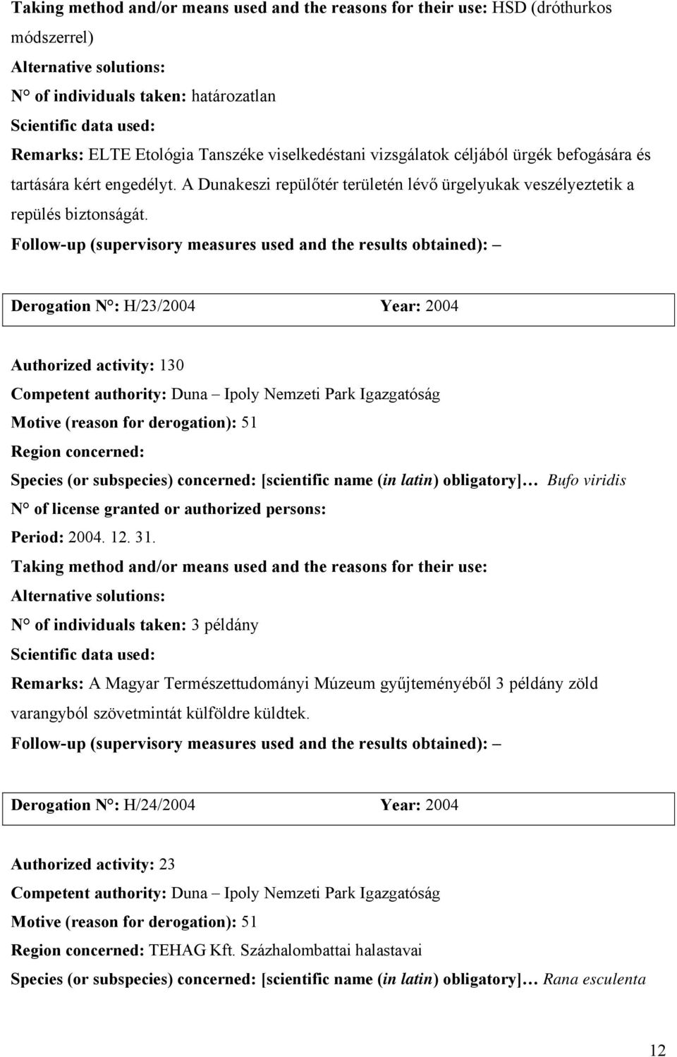 Derogation N : H/23/2004 Year: 2004 Authorized activity: 130 Competent authority: Duna Ipoly Nemzeti Park Igazgatóság Region concerned: Species (or subspecies) concerned: [scientific name (in latin)