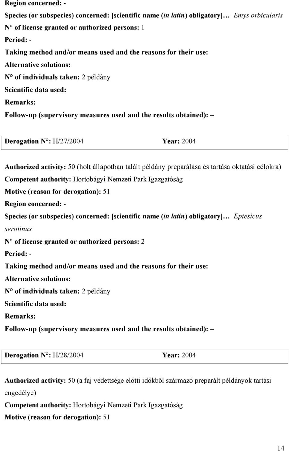 Region concerned: - Species (or subspecies) concerned: [scientific name (in latin) obligatory] Eptesicus serotinus 2 Period: - N of individuals taken: 2 példány Derogation N :